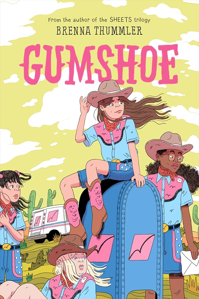 Image for "Gumshoe" featuring girls in western-wear costume, one seated on top of a large blue mailbox.